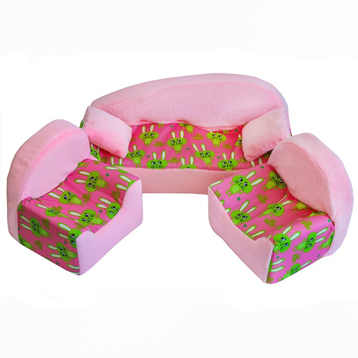 Мебель мягк. Диван+2 кресла+2подушки "Кролики розовые" с розовым плюшем НМ-002/2-31